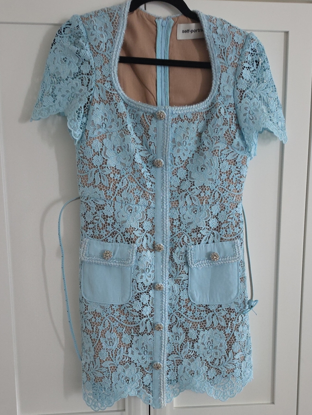 Self-Portrait Baby Blue Floral Lace Mini Dress with Jeweled Buttons